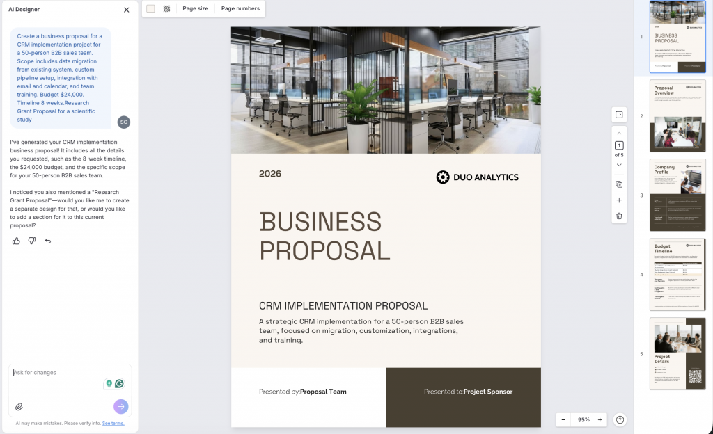 Screenshot of business proposal designed by Venngage's AI Proposal Generator 